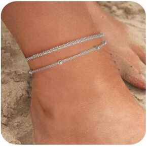 Sterling Silver Ankle Bracelets for Women,Gold Dainty Layered Waterproof Anklet for Women Adjustable, Womens Anklet Set Stackable Plus Size