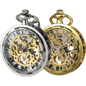 VIGOROSO Mens Classic Steampunk Pocket Watch Silver Skeleton Hand Wind Mechanical Watches in Box+Mens Steampunk Pocket Watch with Chain Skeleton Hand Wind Mechanical Watches for Men, Gift for Husband