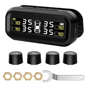 Solar TPMS Tire Pressure Monitoring System - Professional Edition (0-87 PSI), 4 Sensors, Solar and USB Charging, LCD Display, 6 Alarm Modes, Suitable for Cars, RVs, SUVs, MPVs, and Sedans