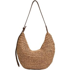 Straw Crossbody Shoulder Bag, Beach Woven Hobo Bags with Adjustable Strap, Large Capacity Straw Crescent Bags