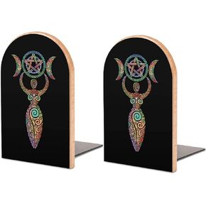 Wicca Wiccan Triple Moon Gaia Themed Pattern Wood Bookends Decorative Bookend Non-Skid Office Book Stand for Books Office Files Magazine, One Size