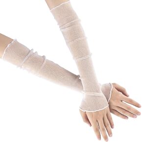 Long Mesh Gloves for Women, White Arm Sleeves, Fingerless Sun UV Protection Summer Cooling Arm Covers for Women, Girls for Outdoor, Halloween, Parties