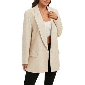 Womens Long Blazer - Linen Blazer Jackets with Textured Jacquard Long Sleeves Peak Lapel Suit for Work Casual Office