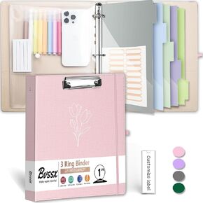 3 Ring Binder, 2 Inch Linen Binder Organizer for Letter Size (8.5" x 11") Paper with 5-Tabs Pockets Dividers, BVSSX Leather Three Ring Binders with Clipboard, Plastic Folder, Pen Loop - Pink Tulips