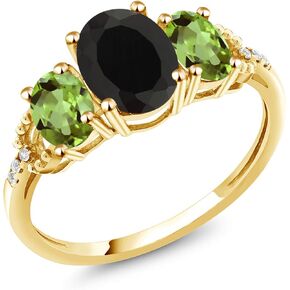 Gem Stone King 2.64 Ct Oval Black Onyx Green Peridot 10K Yellow Gold Ring