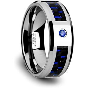 Mens Tungsten Black And Blue Carbon Fiber Blue Sapphire Setting Wedding Ring - Bevelled Comfort Fit - 8mm Wide - Style name: NEPTUNE