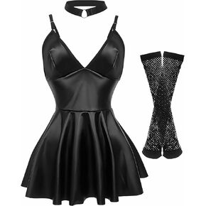 Sexy Club Women Dress 3 Pcs Set PU Leather Black Party Lingerie Latex Dress Fishnet Stockings Strap Choker