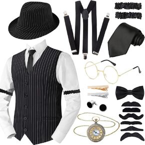 1920s Men Costume Accessories Set for Adult, Roaring Retro 20s Gatsby Gangster Costume Outfit with Stripe Vest Fedora Hat Tie