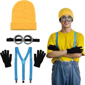 4Pcs Costume Accessories Adult Steampunk Goggles Glasses Blue Y-Back Suspenders Yellow Beanie Hats Black Gloves Perfect for Birthday Party and Halloween Cosplay Party