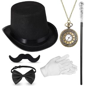 Jadive 6 Pcs 1920s Men Accessories Gentleman Costume Hat Round Head Scepter Magnifying Glass Necklace Bow Tie Gloves Beard
