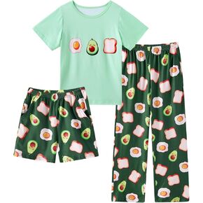 uideazone Girls Pajamas 3 Piece Set Cute Sleepwear Short Sleeve Shirt Pants Shorts Pjs Set 7-14 Years