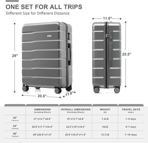 Merax 3 قطع ABS مجموعات الأمتعة الصلبة العجلات الدوارة حقيبة TSA، رمادي مشرق، 20/24/28 بوصة in Kuwait
