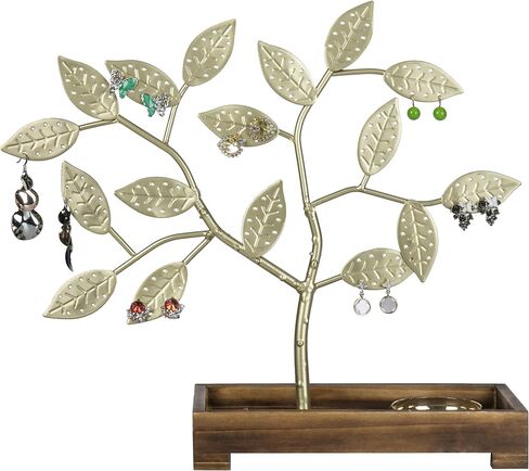 MyGift Earring Storage Rack Organizer, Vintage Bronze Finish Metal Jewelry Tree with Wooden Ring Tray Trinket Holder - Holds up to 68 Pairs of Earrings in Kuwait