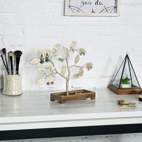 MyGift Earring Storage Rack Organizer, Vintage Bronze Finish Metal Jewelry Tree with Wooden Ring Tray Trinket Holder - Holds up to 68 Pairs of Earrings in Kuwait