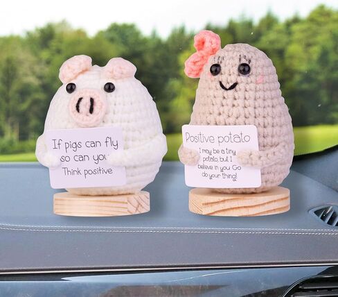 Handmade Emotional Support Pig Car Ornament, Funny Positive Crochet Pig Doll Car Dashboard Decoration Gift with Wooden Base for Car Home Office(White) in Saudi Arabia