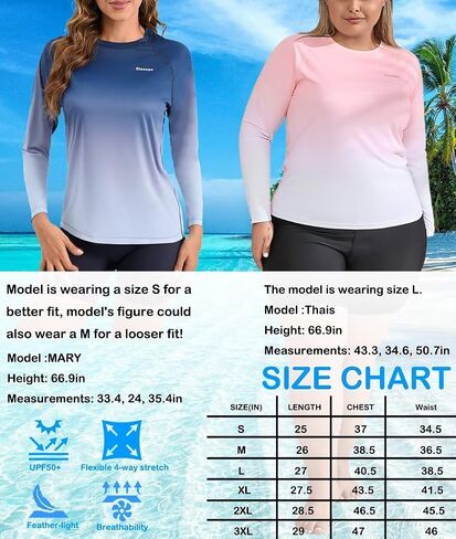قمصان Rash Guard للنساء بعامل حماية من الأشعة فوق البنفسجية 50+ بأكمام طويلة، قمصان للسباحة وخفيفة الوزن in Kuwait