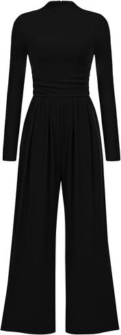 PRETTYGARDEN Women's Jumpsuit Dressy Casual One Piece Outfits Long Sleeve Mock Neck Wide Leg Pants Rompers in Saudi Arabia