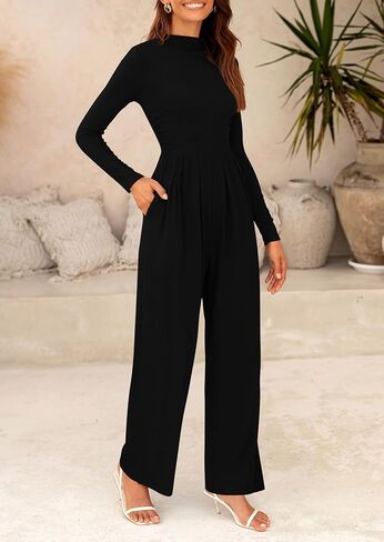 PRETTYGARDEN Women's Jumpsuit Dressy Casual One Piece Outfits Long Sleeve Mock Neck Wide Leg Pants Rompers in Saudi Arabia