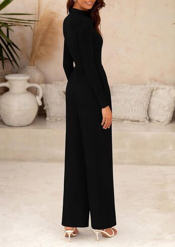 PRETTYGARDEN Women's Jumpsuit Dressy Casual One Piece Outfits Long Sleeve Mock Neck Wide Leg Pants Rompers in Saudi Arabia