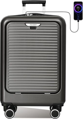 FOCHIER Carry On Luggage 22x14x9 Airline Approved with Front Compartment & USB Port, Hard Shell TSA Approved Carry On Suitcase with Spinner Wheels, Grey in Saudi Arabia
