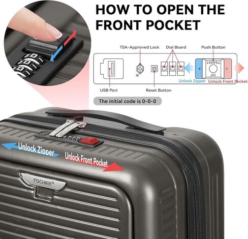 FOCHIER Carry On Luggage 22x14x9 Airline Approved with Front Compartment & USB Port, Hard Shell TSA Approved Carry On Suitcase with Spinner Wheels, Grey in Saudi Arabia