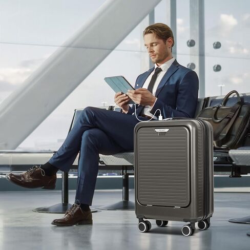 FOCHIER Carry On Luggage 22x14x9 Airline Approved with Front Compartment & USB Port, Hard Shell TSA Approved Carry On Suitcase with Spinner Wheels, Grey in Saudi Arabia