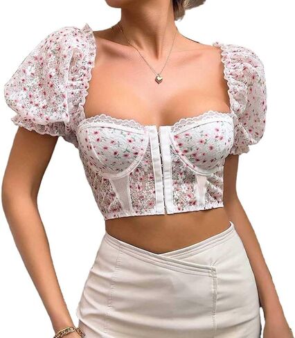 Women's Sleeve Corset Top Floral Bustier Top for Corset Lace Crop Top for Puff Sleeve Summer Going Out Top in Saudi Arabia