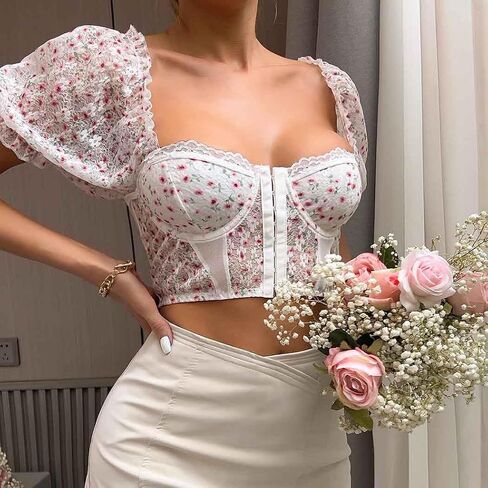 Women's Sleeve Corset Top Floral Bustier Top for Corset Lace Crop Top for Puff Sleeve Summer Going Out Top in Saudi Arabia