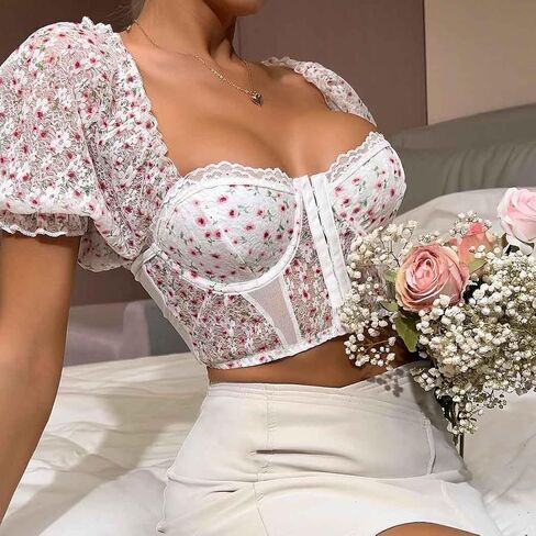 Women's Sleeve Corset Top Floral Bustier Top for Corset Lace Crop Top for Puff Sleeve Summer Going Out Top in Saudi Arabia