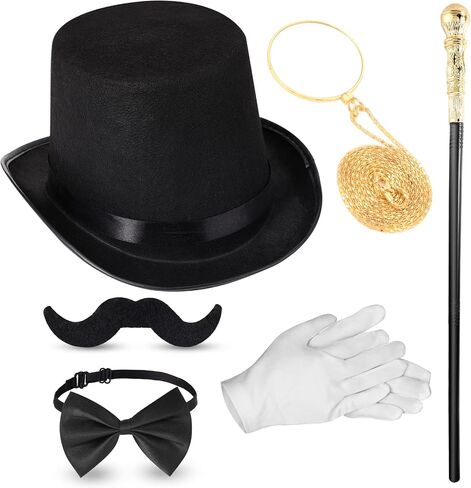 Jadive 6 Pcs 1920s Men Accessories Gentleman Costume Hat Round Head Scepter Magnifying Glass Necklace Bow Tie Gloves Beard in Saudi Arabia