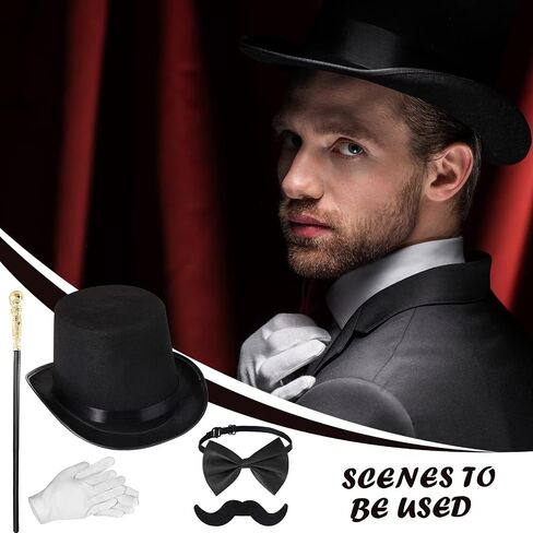 Jadive 6 Pcs 1920s Men Accessories Gentleman Costume Hat Round Head Scepter Magnifying Glass Necklace Bow Tie Gloves Beard in Saudi Arabia
