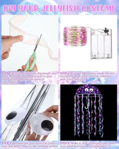 Halloween DIY Jellyfish Costume Set Including Clear Bubble Umbrella LED String Lights Ribbons Googly Eyes in Saudi Arabia