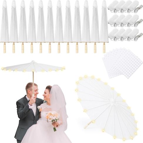 12 مجموعة من مظلات ورق الزفاف LED مقاس 32 بوصة تضيء مظلة شمسية يابانية ديكورية صينية ومظلات رسم مظلات حرفية مع سلسلة أضواء لتزيين حفلات الزفاف وحفلات الزفاف in Kuwait