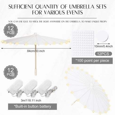 12 مجموعة من مظلات ورق الزفاف LED مقاس 32 بوصة تضيء مظلة شمسية يابانية ديكورية صينية ومظلات رسم مظلات حرفية مع سلسلة أضواء لتزيين حفلات الزفاف وحفلات الزفاف in Kuwait