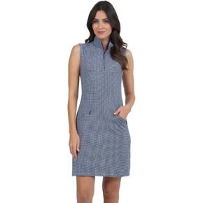 IBKUL Sun Protective UPF 50+ Icefil Cooling Mini Check Sleeveless Mock Neck Dress w Pockets - 58754
