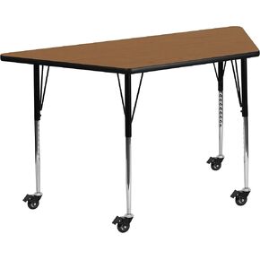Flash Furniture Mobile 29''W x 57''L Trapezoid Oak Thermal Laminate Activity Table - Standard Height Adjustable Legs