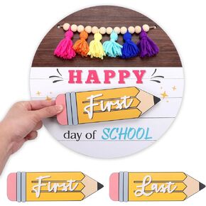 HOURIA DIY First & Last Day of School Sign with Beads Tassels Back to School Bulletin Board Decorations First Day of Preschool Kindergarten Door Sign 11.4"Round Reusable Photo Props for Kids Students