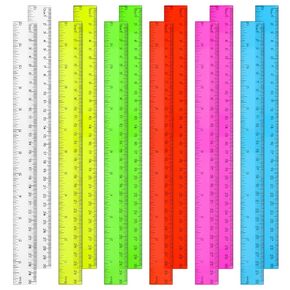 12 Pack Color Transparent Ruler Bulk 12 Inch Clear Plastic Rulers Kids Ruler with Centimeters and Inches Straight Measuring Drafting Tools for Classroom School Students Families Education