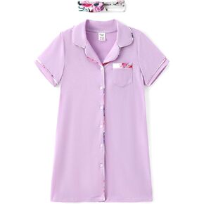 PATPAT Nightgowns for Girls with Headband Kids Short Sleeve Button Down Sleepshirt Dress Nightie Pajamas 5-12 Years