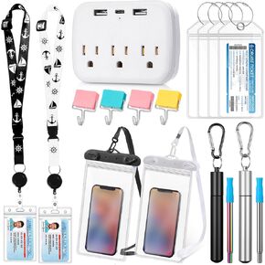 17 Pcs Carnival Cruise Essentials with Power Strip Luggage Tags Magnetic Hook Lanyards Phone Bags and Reusable Straw