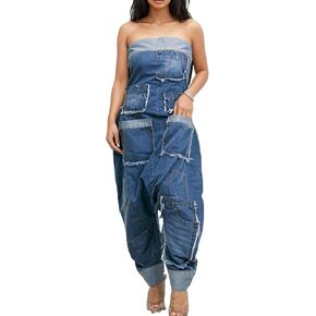 بذلة نسائية فضفاضة من Molilove من قماش الدنيم بدون أكمام وسراويل فضفاضة مع جيوب جينز رومبير قطعة واحدة in Kuwait