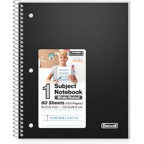 Dunwell College Ruled Spiral Notebook, 1 Subject Notebook 8.5 x 11, Protective Plastic Cover & Pocket Divider, 80 Sheets, Perforated Pages, One Subject School Notebook College Rule 8 1/2 x 11 Paper