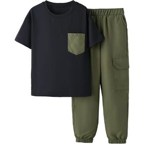 Verdusa Boy's 2 Pieces Colorblock Pocket Patched Tee and Flap Pocket Pants