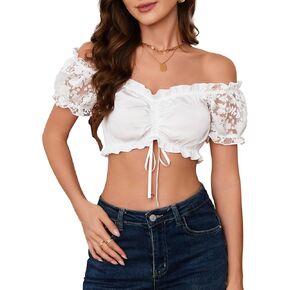 Women's Germen Bavarian Traditional Costume Blouse Oktoberfest Dirndl Puff Sleeve Crop Top