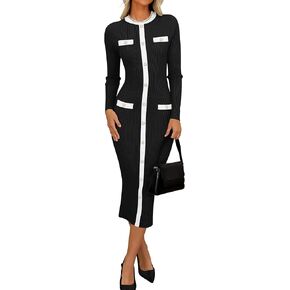 ZESICA Women's Ribbed Crewneck Sweater Dress 2024 Fall Winter Long Sleeve Button Color Block Knit Midi Dresses