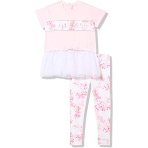 GUESS Girls Organic Cotton T Shirt With Mesh Skirt and Floral Print Leggings