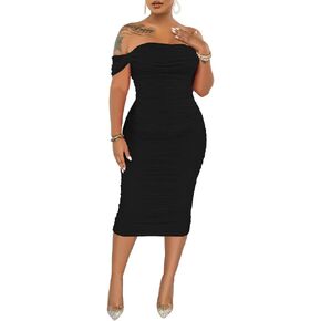 PINSV Women Ruched Off Shoulder Dress Bodycon Party Elegant Midi Dresses