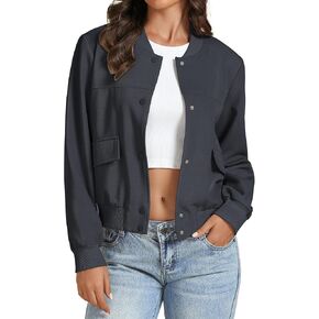 luvamia Bomber Jackets for Women Fall Casual Button Down Long Sleeves Trendy Varsity Jacket Outerwear Coat with Pockets