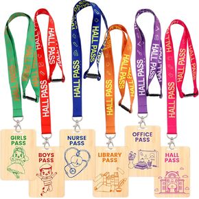 Wooden Hall Passes for Classrooms Elementary 6PCS Hall Pass Lanyards for Student Library Office Nurse Boy Girl Gifts Classroom Supplies