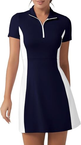 Golf Tennis Dress with Shorts Womens Polo Neck Athletic Workout Golf Dress Casual Sleeveless Colorblock Dress in Saudi Arabia